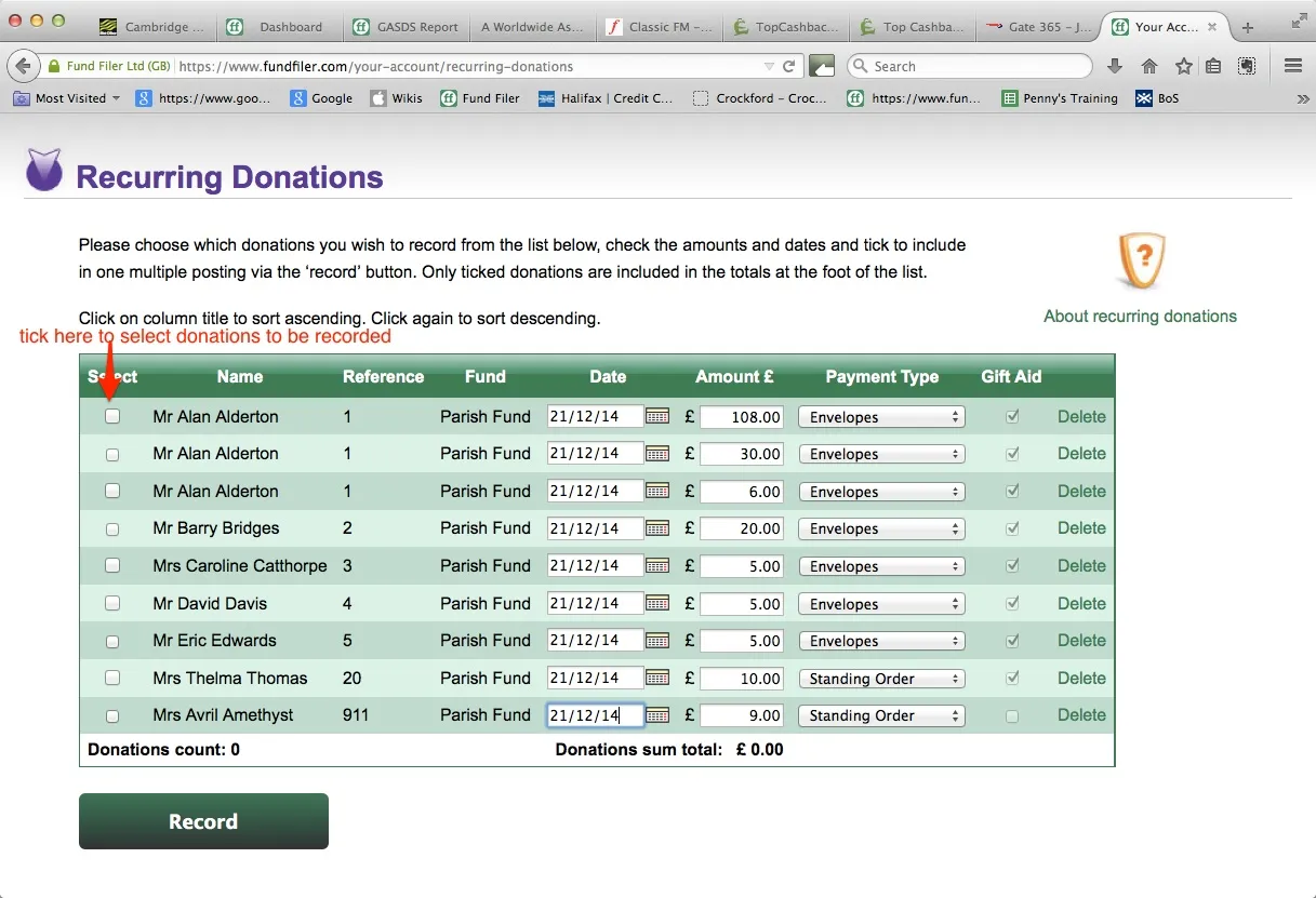The recurring donations list