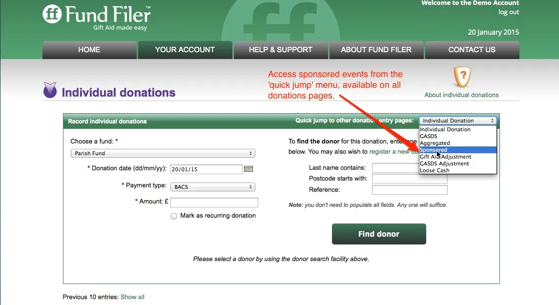The ‘quick jump’ menu on the individual donations page