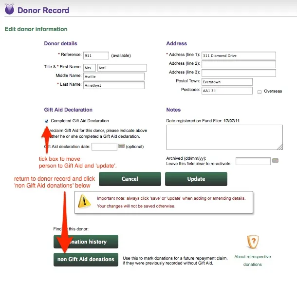 The donor record page