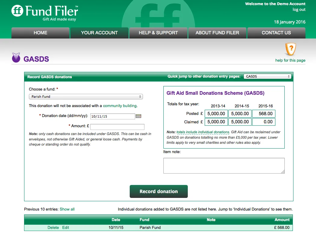 The GASDS page with totals for the current and past two tax years
