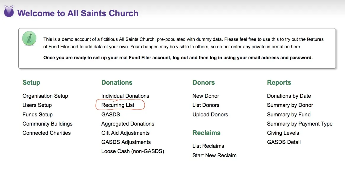 The ‘Recurring List’ link on the home page