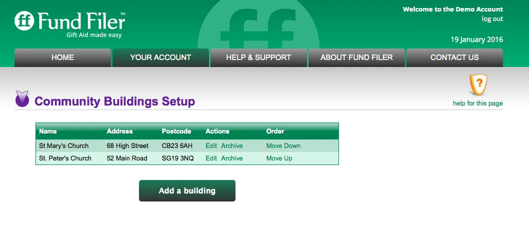The Community Buildings Setup page
