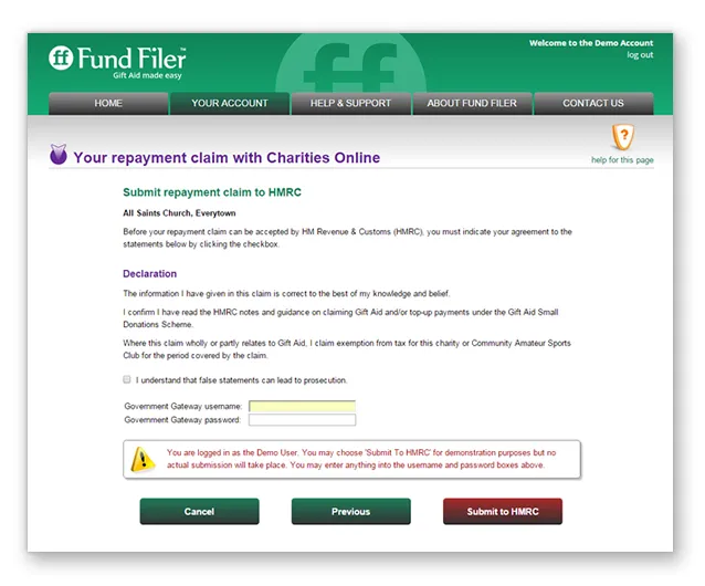 The submit repayment claim page